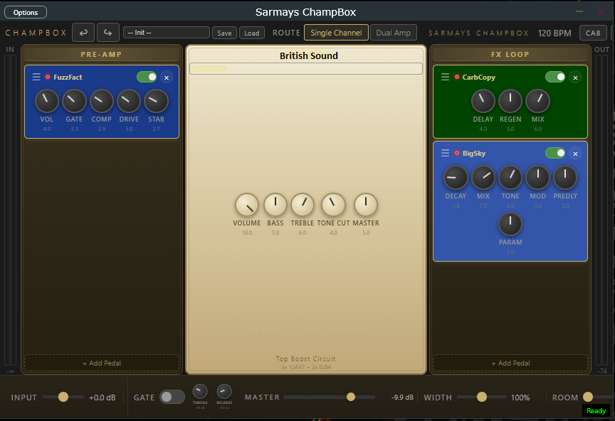 Sarmays ChampBox plugin interface showing amplifier controls, pedal chain, cabinet simulation and meters