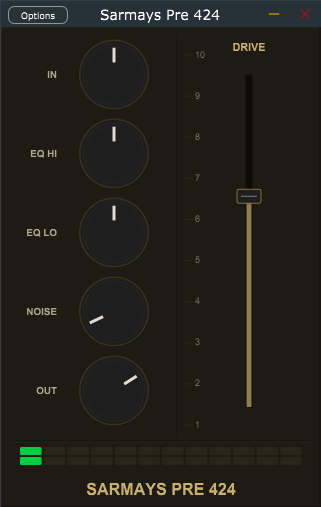 Sarmays Pre 424 plugin interface showing IN, EQ HI, EQ LO, NOISE, and OUT knobs with a DRIVE fader